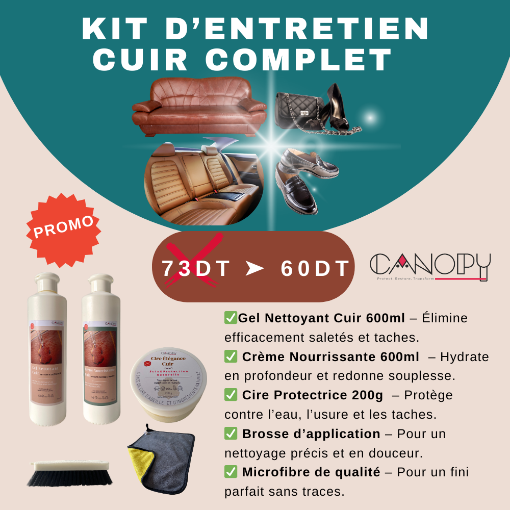 Kit entretien cuir CANOPY avec gel nettoyant, creme nourrissante, cire protectrice, brosse douce et microfibre pour nettoyer, nourrir et proteger le cuir de canape, voiture, sac ou chaussures"