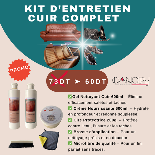 Kit entretien cuir CANOPY avec gel nettoyant, creme nourrissante, cire protectrice, brosse douce et microfibre pour nettoyer, nourrir et proteger le cuir de canape, voiture, sac ou chaussures"