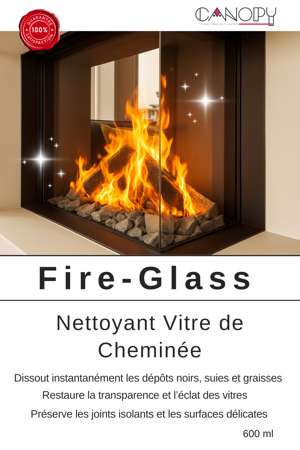 nettoyant vitre de cheminée CANOPY Fire Glass pour suie, résidus et inserts noirs
